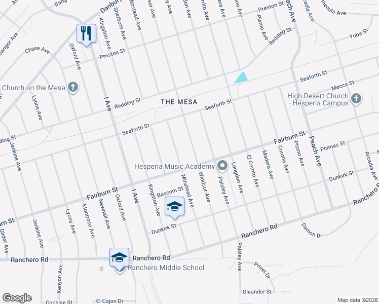 map of restaurants, bars, coffee shops, grocery stores, and more near 7720 Windsor Avenue in Hesperia