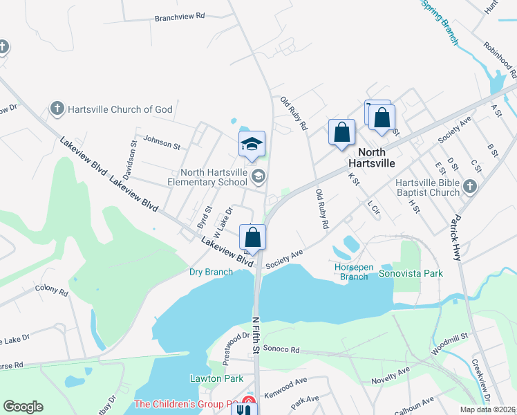 map of restaurants, bars, coffee shops, grocery stores, and more near 1031 East Lake Drive in Hartsville