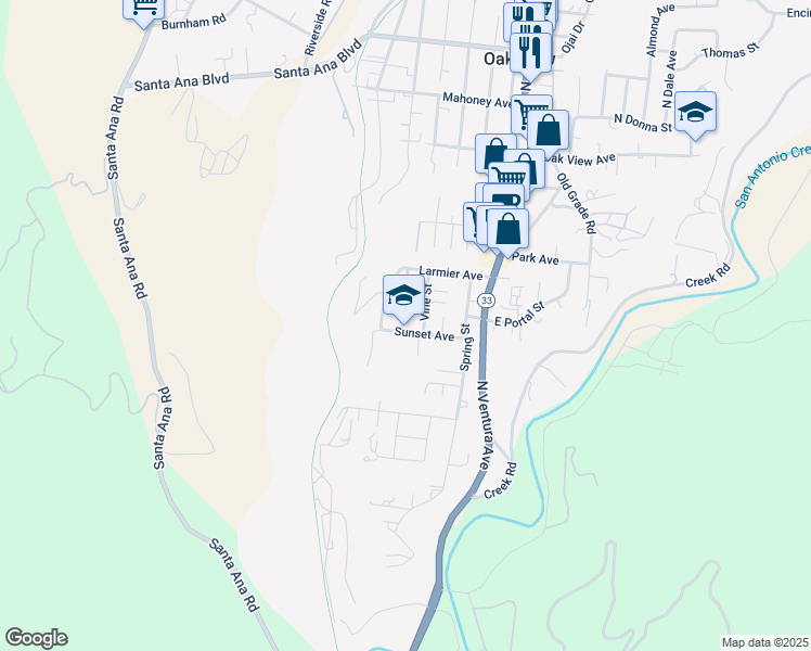 map of restaurants, bars, coffee shops, grocery stores, and more near 385 Sunset Avenue in Oak View