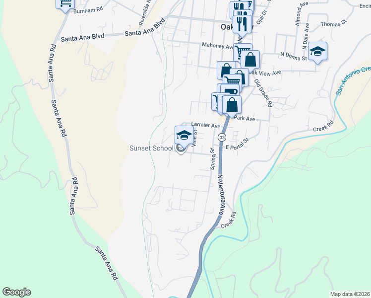 map of restaurants, bars, coffee shops, grocery stores, and more near 385 Sunset Avenue in Oak View