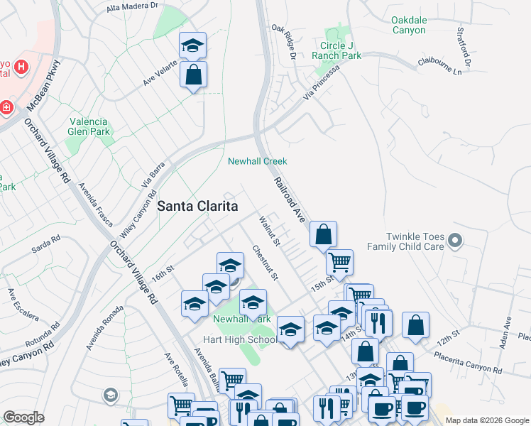 map of restaurants, bars, coffee shops, grocery stores, and more near 25074 Walnut Street in Santa Clarita
