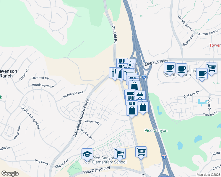 map of restaurants, bars, coffee shops, grocery stores, and more near 25845 Browning Place in Stevenson Ranch