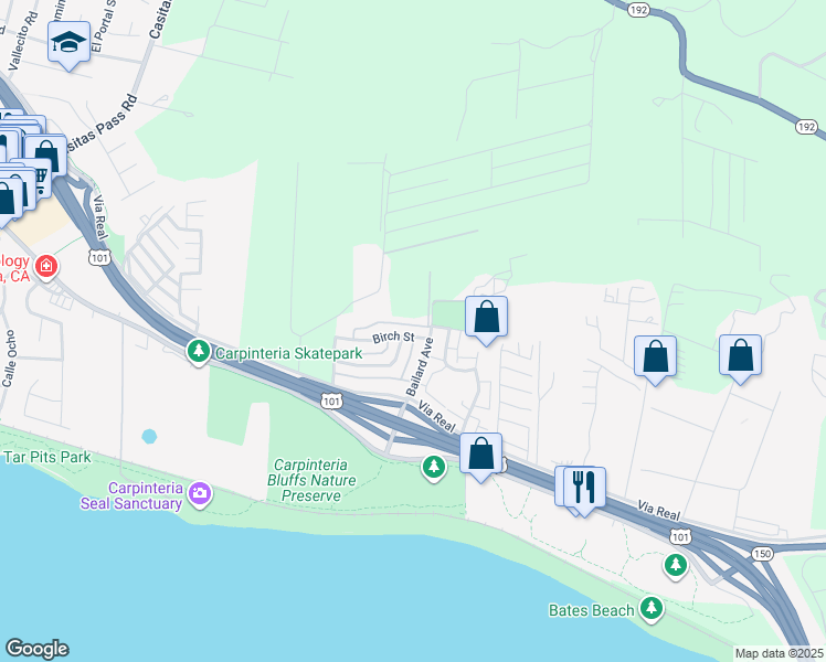 map of restaurants, bars, coffee shops, grocery stores, and more near 5970 Birch Street in Carpinteria