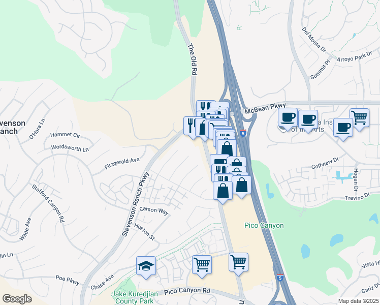 map of restaurants, bars, coffee shops, grocery stores, and more near 25849 Browning Place in Stevenson Ranch