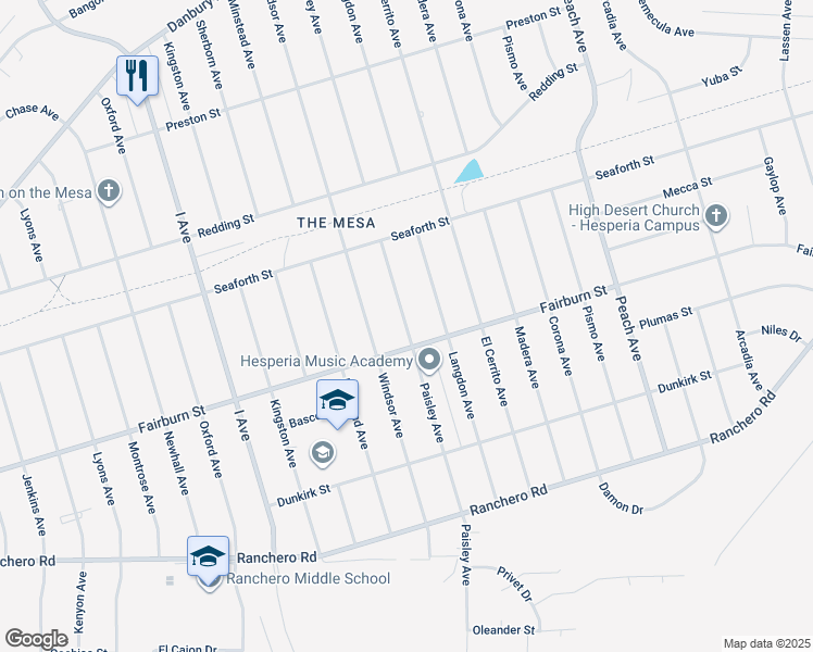 map of restaurants, bars, coffee shops, grocery stores, and more near Paisley Avenue in Hesperia