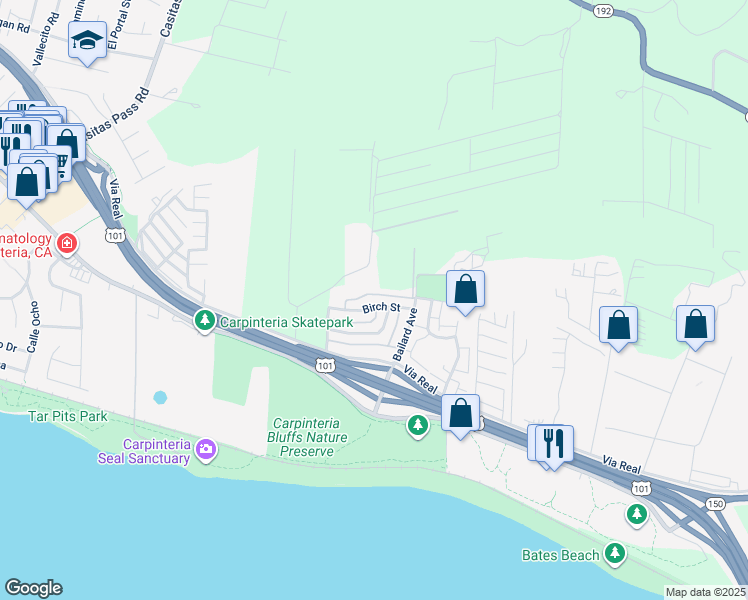 map of restaurants, bars, coffee shops, grocery stores, and more near 5950 Birch Street in Carpinteria