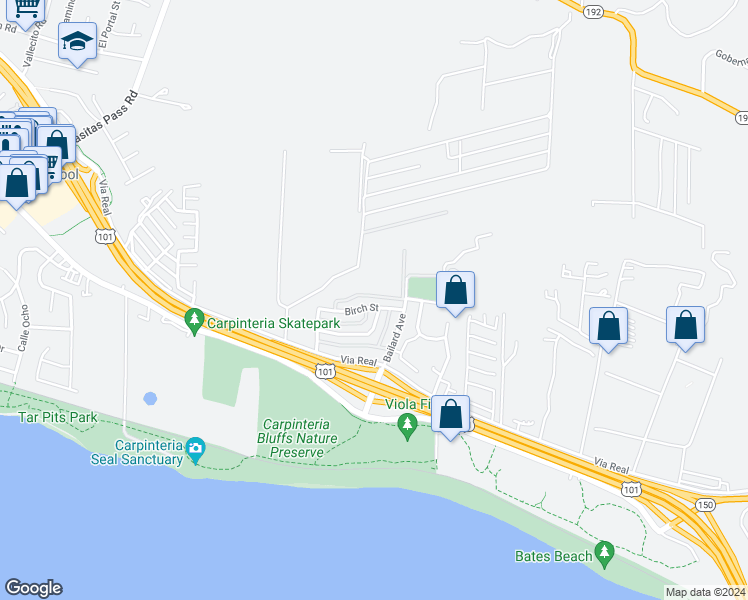 map of restaurants, bars, coffee shops, grocery stores, and more near 5960 Birch Street in Carpinteria