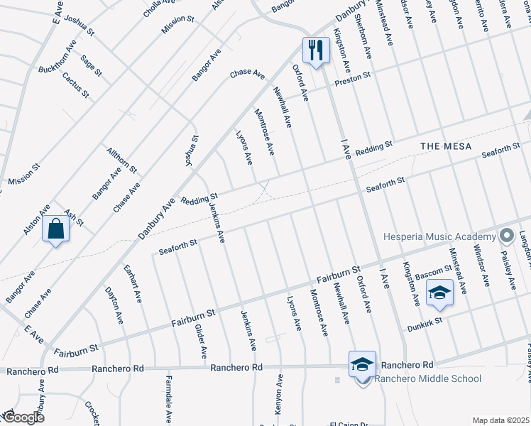 map of restaurants, bars, coffee shops, grocery stores, and more near 17418 Seaforth Street in Hesperia