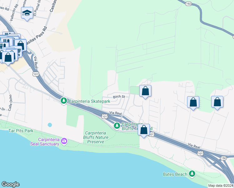 map of restaurants, bars, coffee shops, grocery stores, and more near 5950 Birch Street in Carpinteria