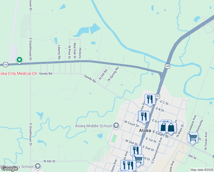 map of restaurants, bars, coffee shops, grocery stores, and more near 333 Maple Lane in Atoka