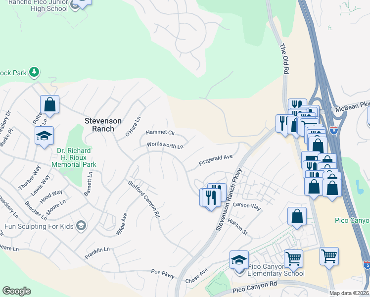 map of restaurants, bars, coffee shops, grocery stores, and more near 25712 Wordsworth Lane in Stevenson Ranch