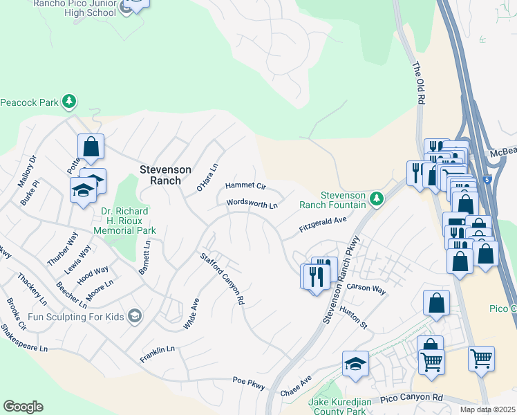 map of restaurants, bars, coffee shops, grocery stores, and more near 25748 Wordsworth Lane in Stevenson Ranch