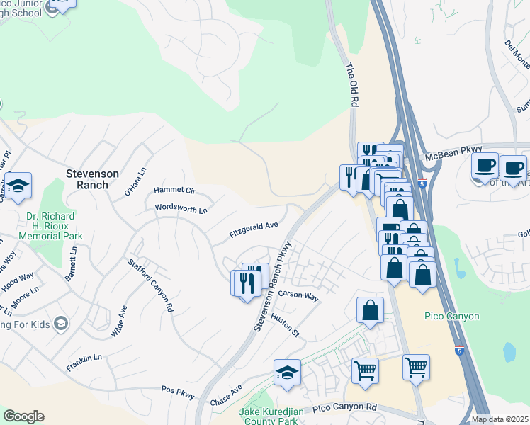 map of restaurants, bars, coffee shops, grocery stores, and more near 25442 Holmes Place in Stevenson Ranch