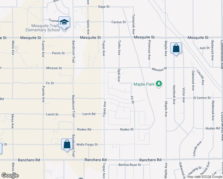 map of restaurants, bars, coffee shops, grocery stores, and more near 14105 Georgetown Street in Hesperia