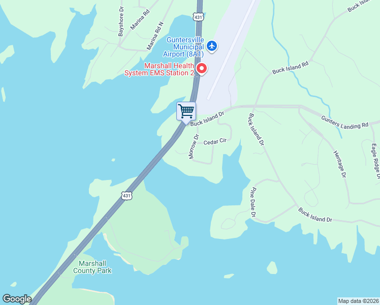 map of restaurants, bars, coffee shops, grocery stores, and more near 17 Shoreline Circle in Guntersville