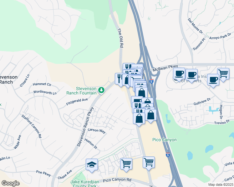 map of restaurants, bars, coffee shops, grocery stores, and more near 25935 The Old Road in Stevenson Ranch
