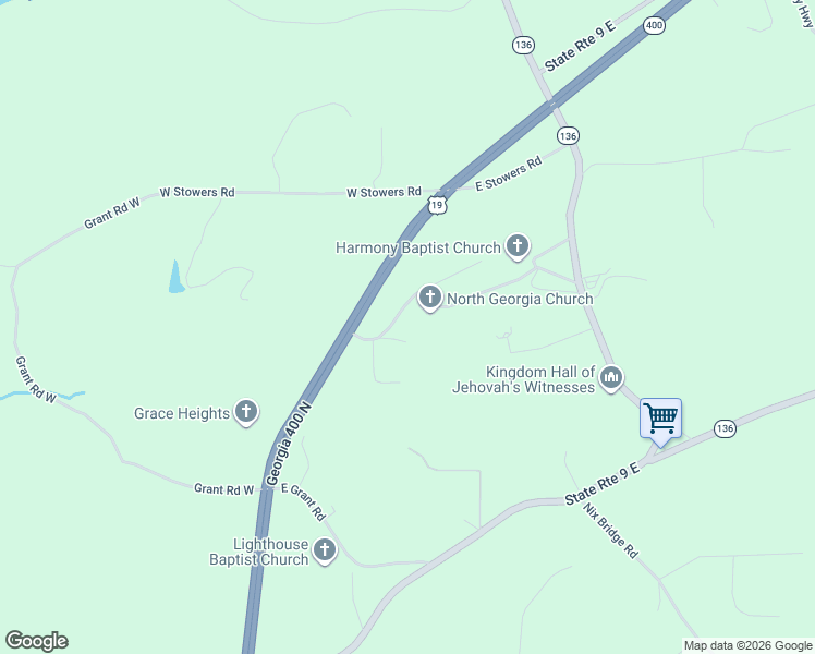 map of restaurants, bars, coffee shops, grocery stores, and more near 119 Lord's Way in Dawsonville