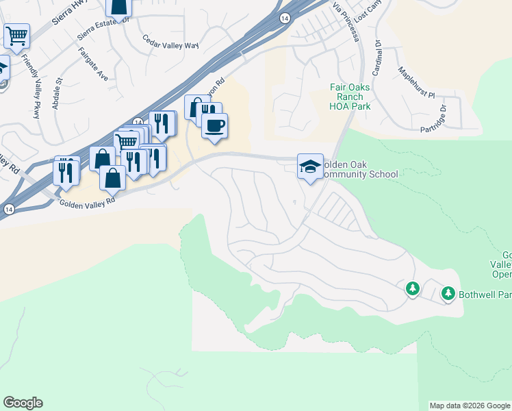 map of restaurants, bars, coffee shops, grocery stores, and more near 25145 Cherry Ridge Drive in Santa Clarita