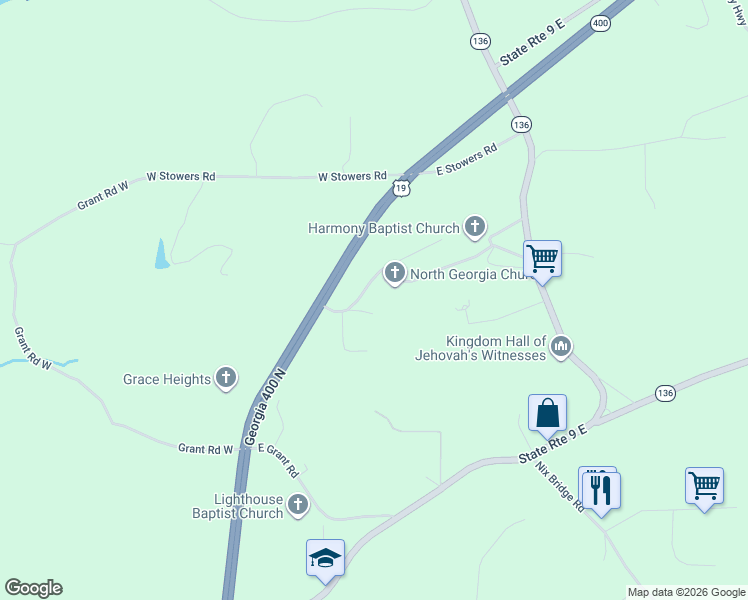 map of restaurants, bars, coffee shops, grocery stores, and more near 119 Lord's Way in Dawsonville