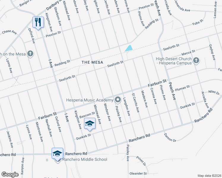map of restaurants, bars, coffee shops, grocery stores, and more near Paisley Avenue in Hesperia