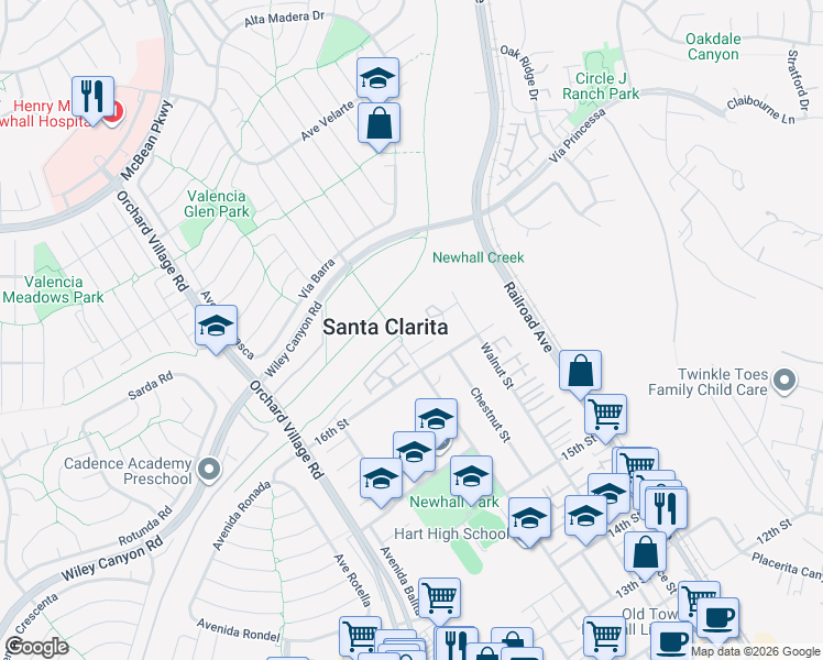 map of restaurants, bars, coffee shops, grocery stores, and more near 25128 Newhall Avenue in Santa Clarita