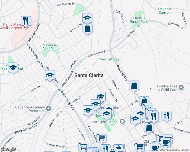map of restaurants, bars, coffee shops, grocery stores, and more near 25128 Newhall Avenue in Santa Clarita