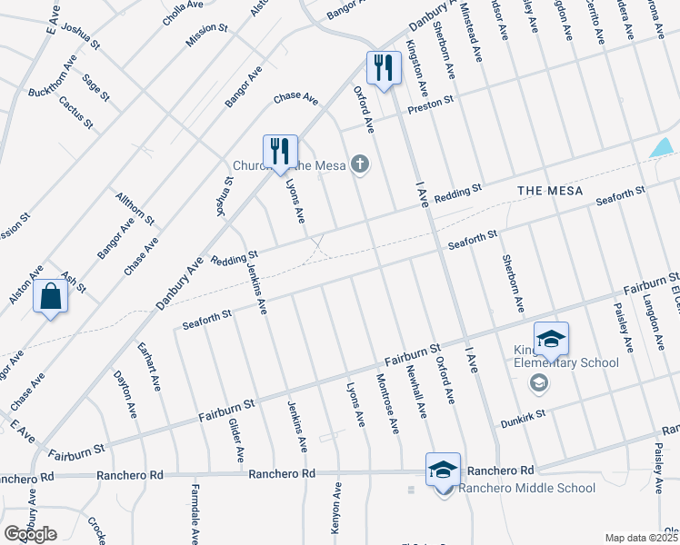 map of restaurants, bars, coffee shops, grocery stores, and more near 17418 Seaforth Street in Hesperia
