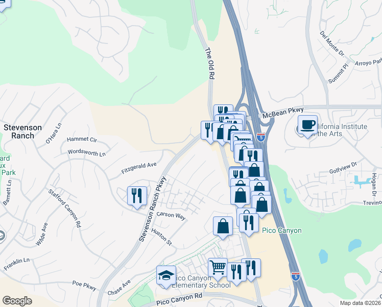 map of restaurants, bars, coffee shops, grocery stores, and more near 25841 Blake Court in Stevenson Ranch