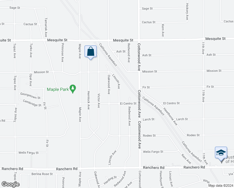 map of restaurants, bars, coffee shops, grocery stores, and more near 7752 Lincoln Avenue in Hesperia