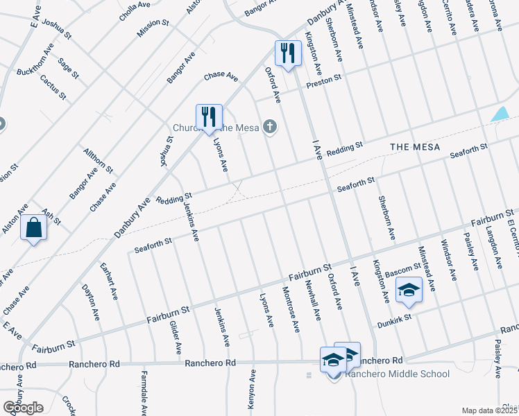 map of restaurants, bars, coffee shops, grocery stores, and more near 17432 Seaforth Street in Hesperia