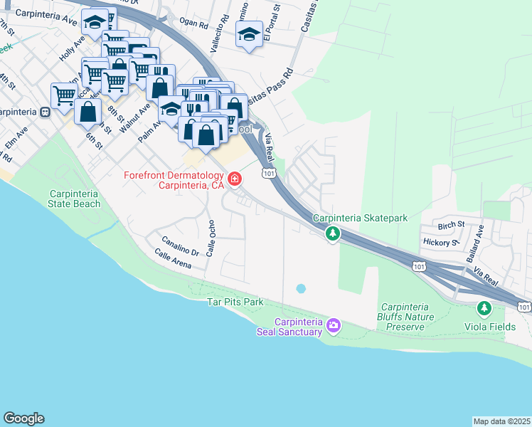 map of restaurants, bars, coffee shops, grocery stores, and more near 5615 Carpinteria Avenue in Carpinteria