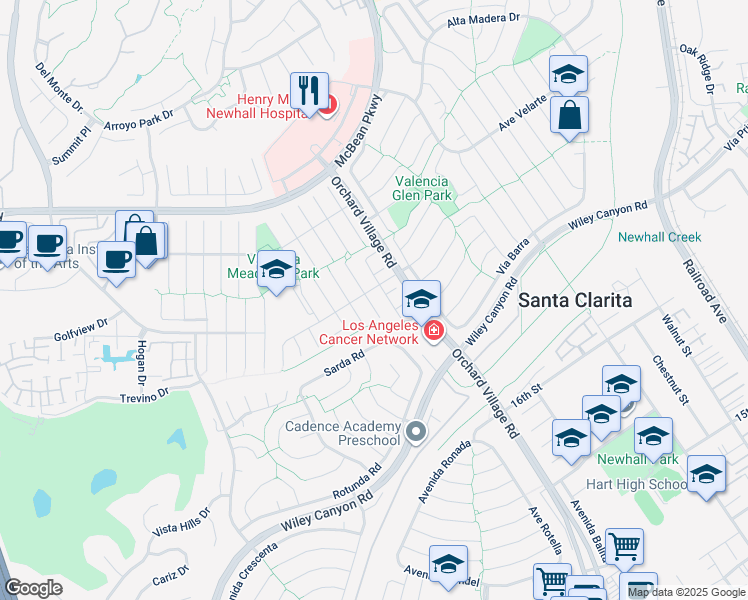 map of restaurants, bars, coffee shops, grocery stores, and more near 25530 Meadow Mont Street in Santa Clarita