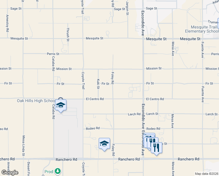 map of restaurants, bars, coffee shops, grocery stores, and more near 7754 Foley Road in Hesperia