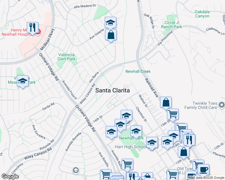 map of restaurants, bars, coffee shops, grocery stores, and more near in Santa Clarita