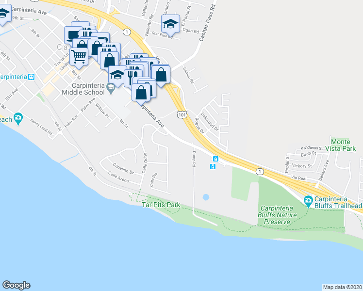 map of restaurants, bars, coffee shops, grocery stores, and more near 5606 Carpinteria Avenue in Carpinteria