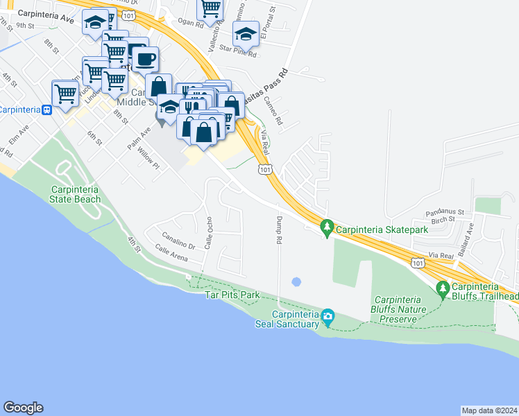 map of restaurants, bars, coffee shops, grocery stores, and more near 5606 Carpinteria Avenue in Carpinteria