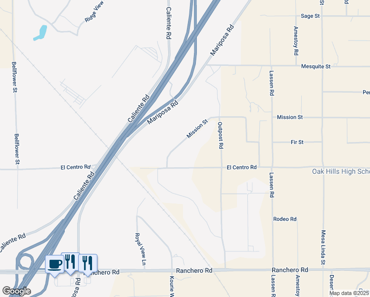 map of restaurants, bars, coffee shops, grocery stores, and more near 11971 Mission Street in Hesperia