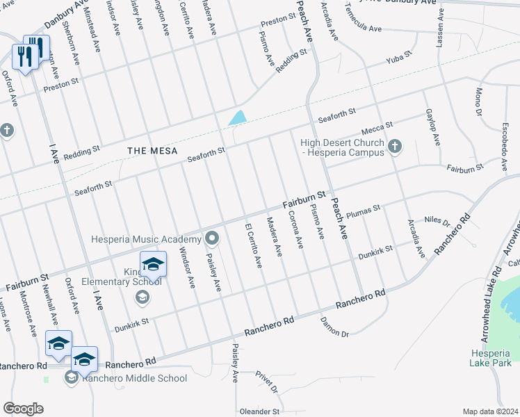 map of restaurants, bars, coffee shops, grocery stores, and more near 18110 Fairburn Street in Hesperia