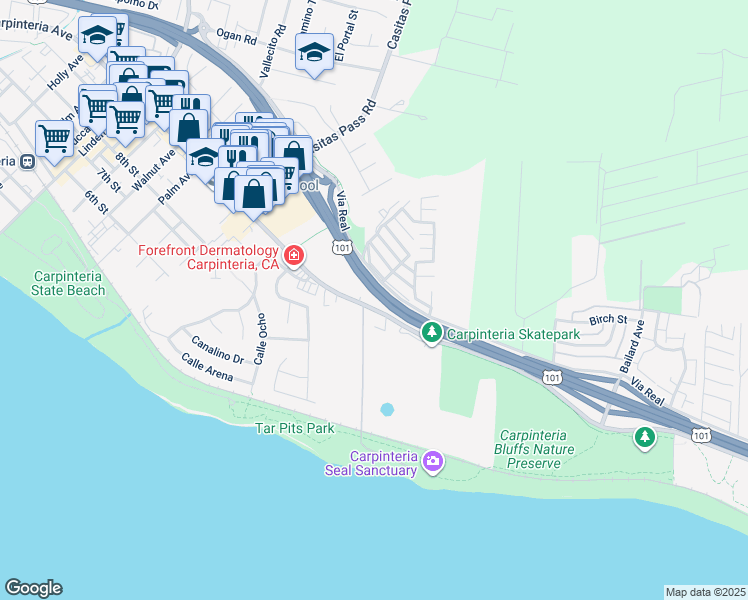 map of restaurants, bars, coffee shops, grocery stores, and more near 5666 Carpinteria Avenue in Carpinteria