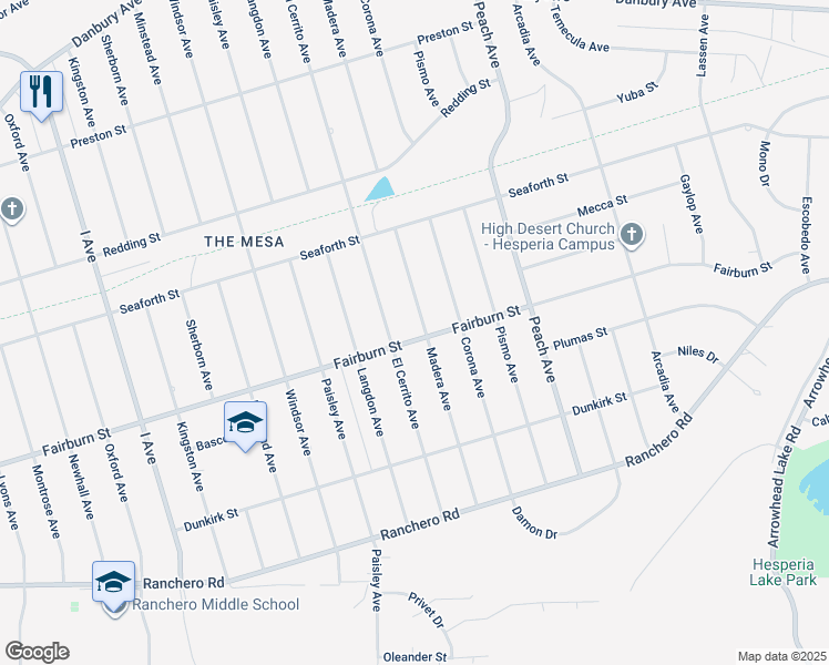 map of restaurants, bars, coffee shops, grocery stores, and more near 18110 Fairburn Street in Hesperia