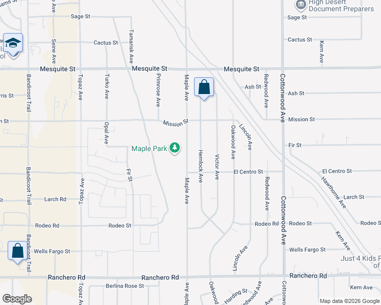 map of restaurants, bars, coffee shops, grocery stores, and more near 7775 Maple Avenue in Hesperia