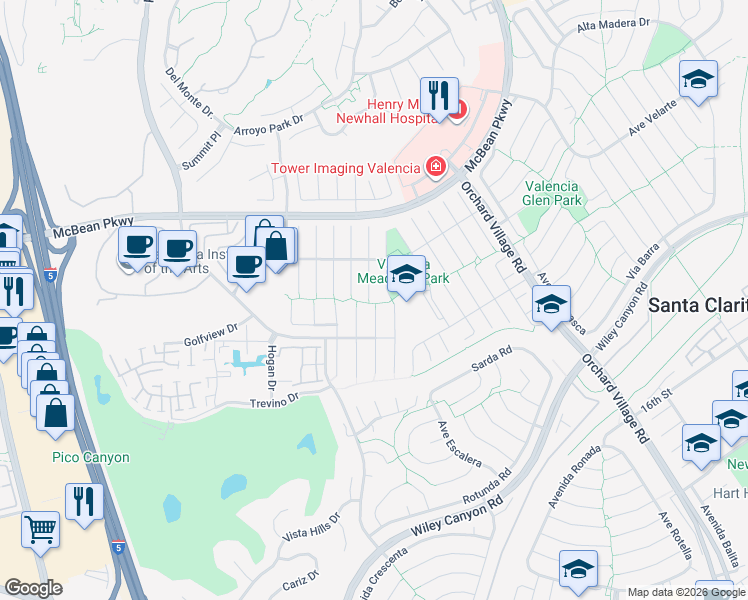 map of restaurants, bars, coffee shops, grocery stores, and more near 25752 Rana Drive in Santa Clarita