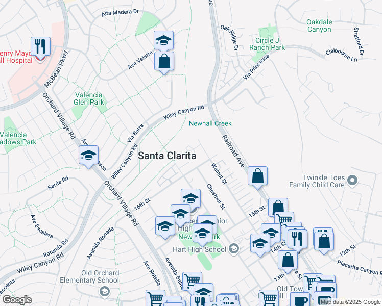 map of restaurants, bars, coffee shops, grocery stores, and more near 23029 Hilse Lane in Santa Clarita