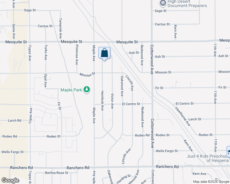 map of restaurants, bars, coffee shops, grocery stores, and more near 7773 Victor Avenue in Hesperia
