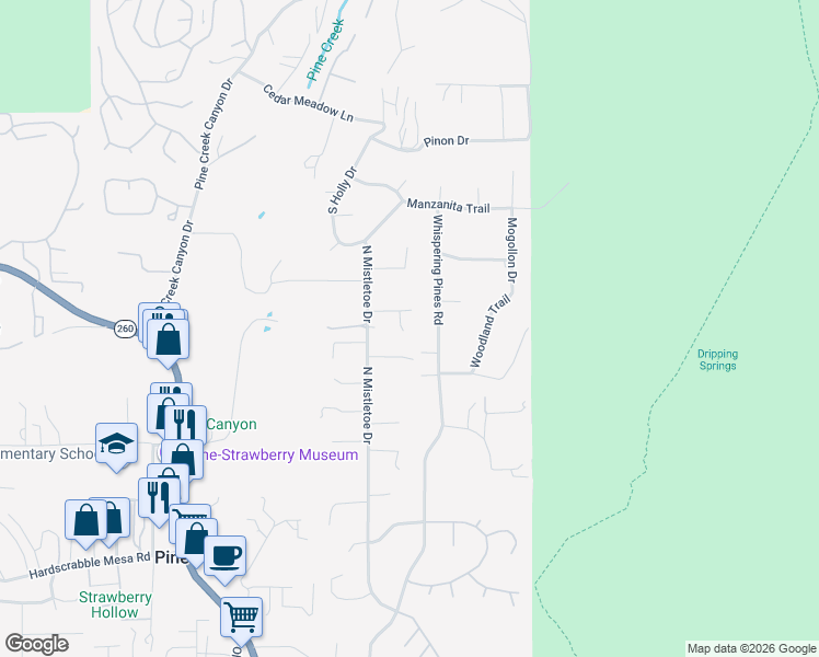 map of restaurants, bars, coffee shops, grocery stores, and more near 4147 North Mistletoe Drive in Pine