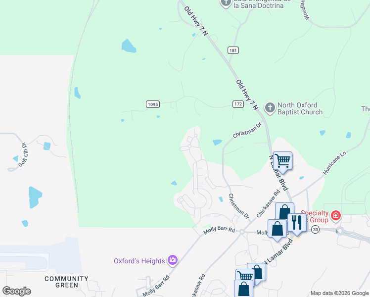 map of restaurants, bars, coffee shops, grocery stores, and more near 499 Olive Branch Way in Oxford