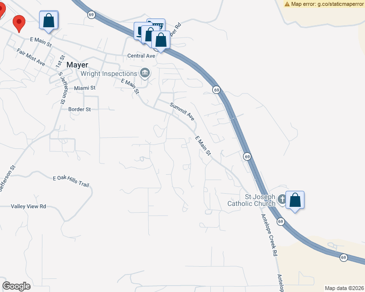 map of restaurants, bars, coffee shops, grocery stores, and more near 10530 Cholla Drive in Mayer