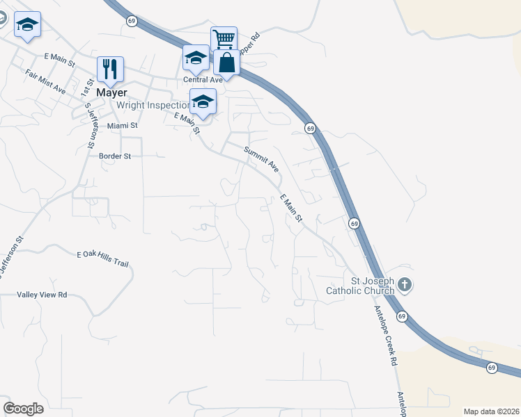 map of restaurants, bars, coffee shops, grocery stores, and more near 10530 Cholla Drive in Mayer