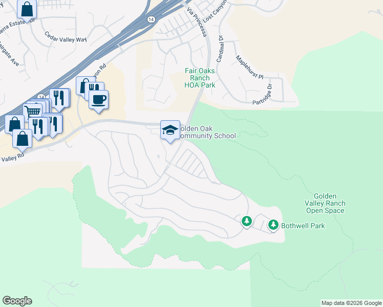 map of restaurants, bars, coffee shops, grocery stores, and more near 18763 Alara Lane in Santa Clarita