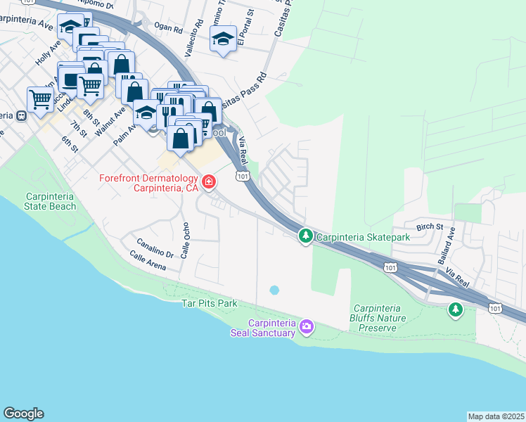 map of restaurants, bars, coffee shops, grocery stores, and more near 5666 Carpinteria Avenue in Carpinteria